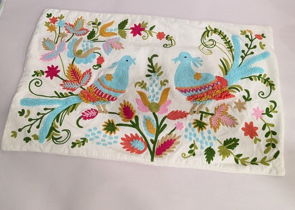 Embroidered Pillow Cover Folk Art Bird Floral Lumbar White Cream 22x14" Saatvik